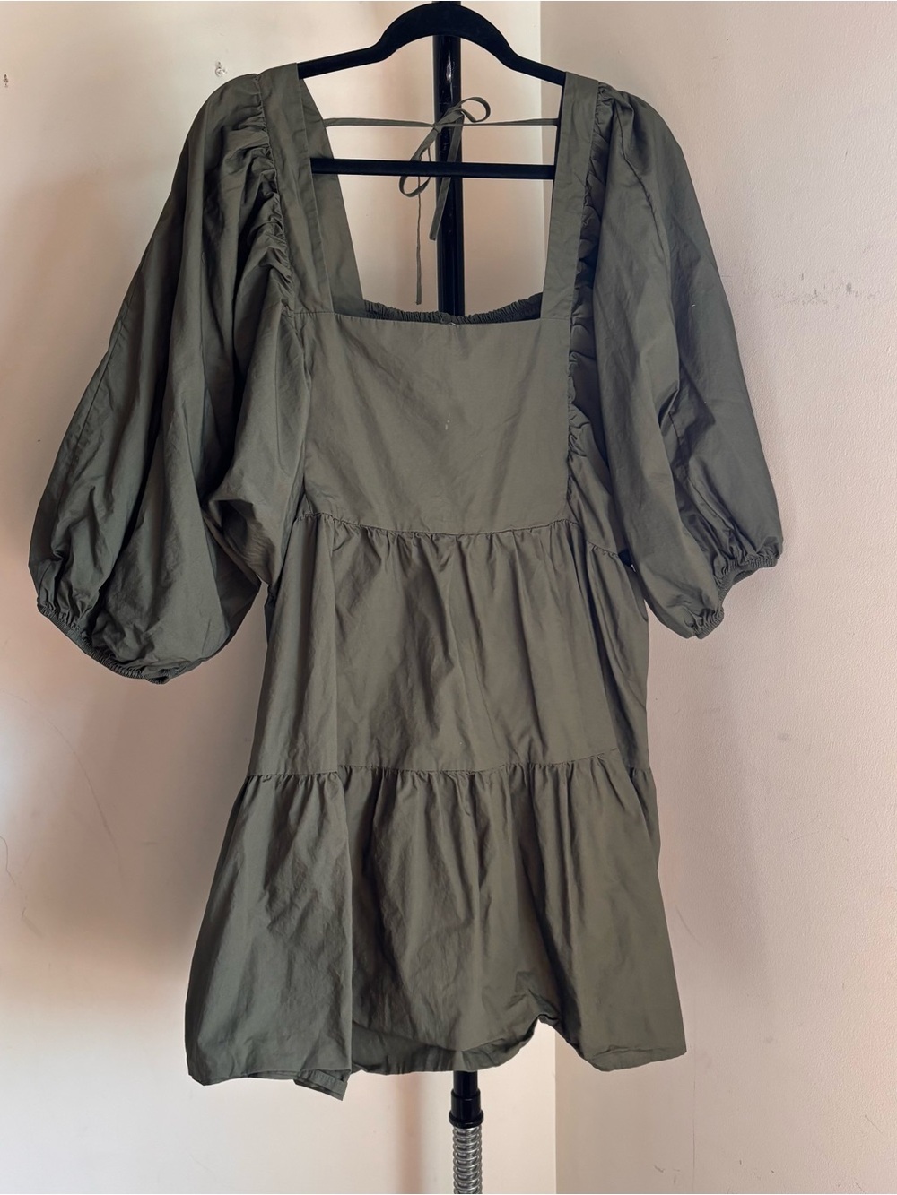 Olive Puff-Sleeve Square-Neck Women's Dress